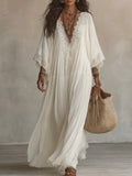 White Lace V-neck Batwing Sleeve Chiffon Maxi Dress