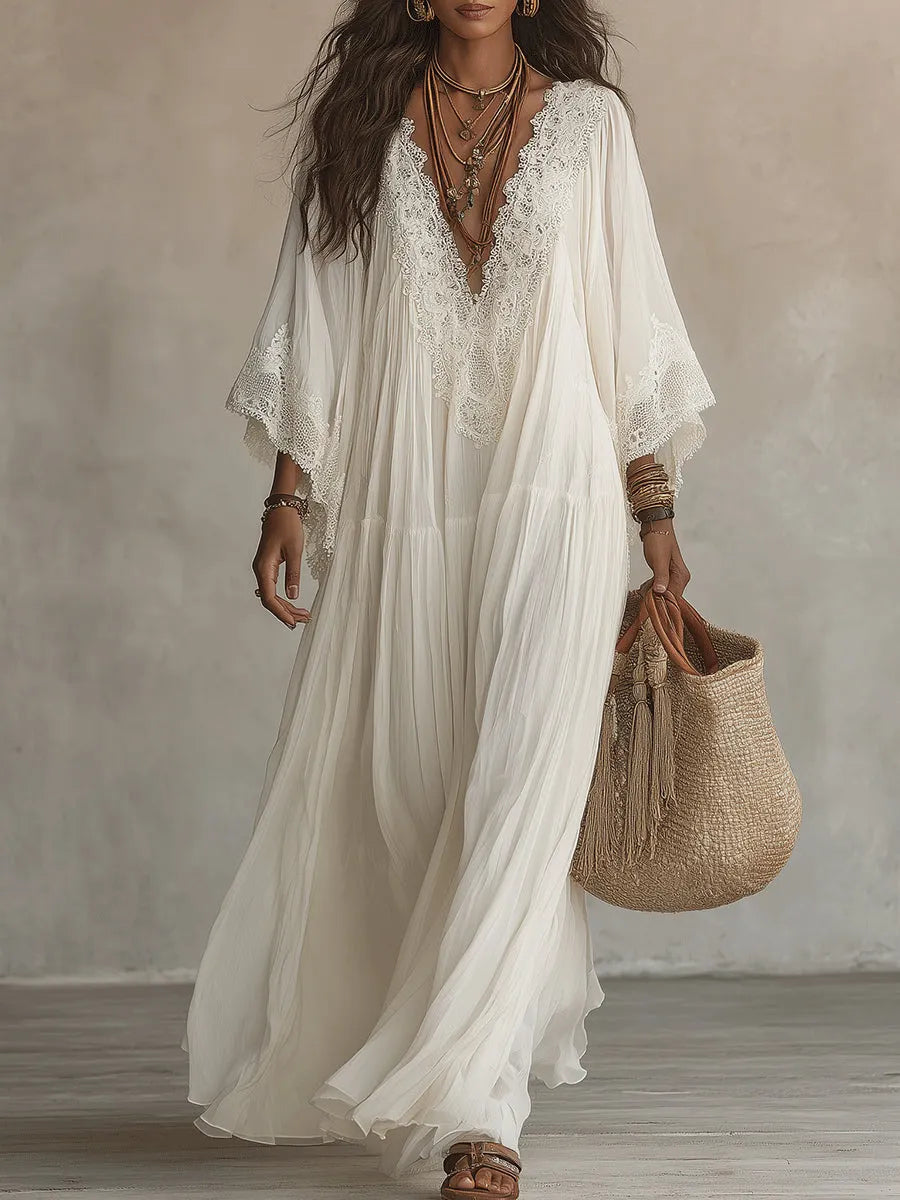 White Lace V-neck Batwing Sleeve Chiffon Maxi Dress
