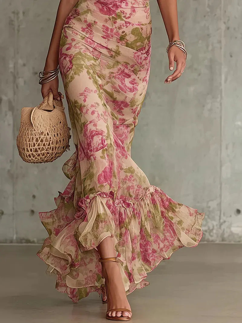 Vintage Rose Print Maxi Dress With Puff Sleeves(Accessories not included)