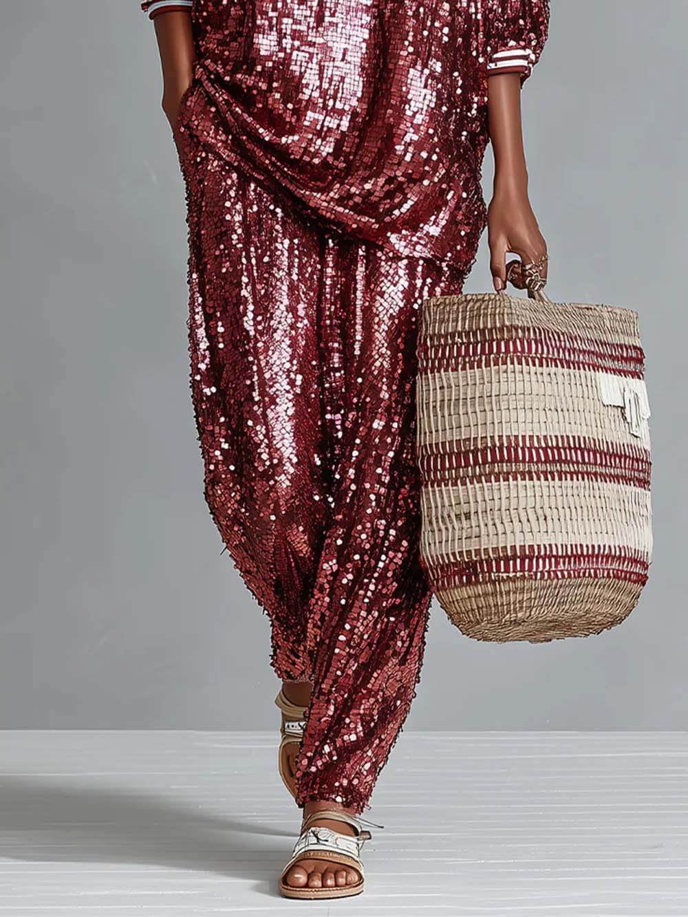 Charming Sequined Elastic Waist Pocket Skinny Pants