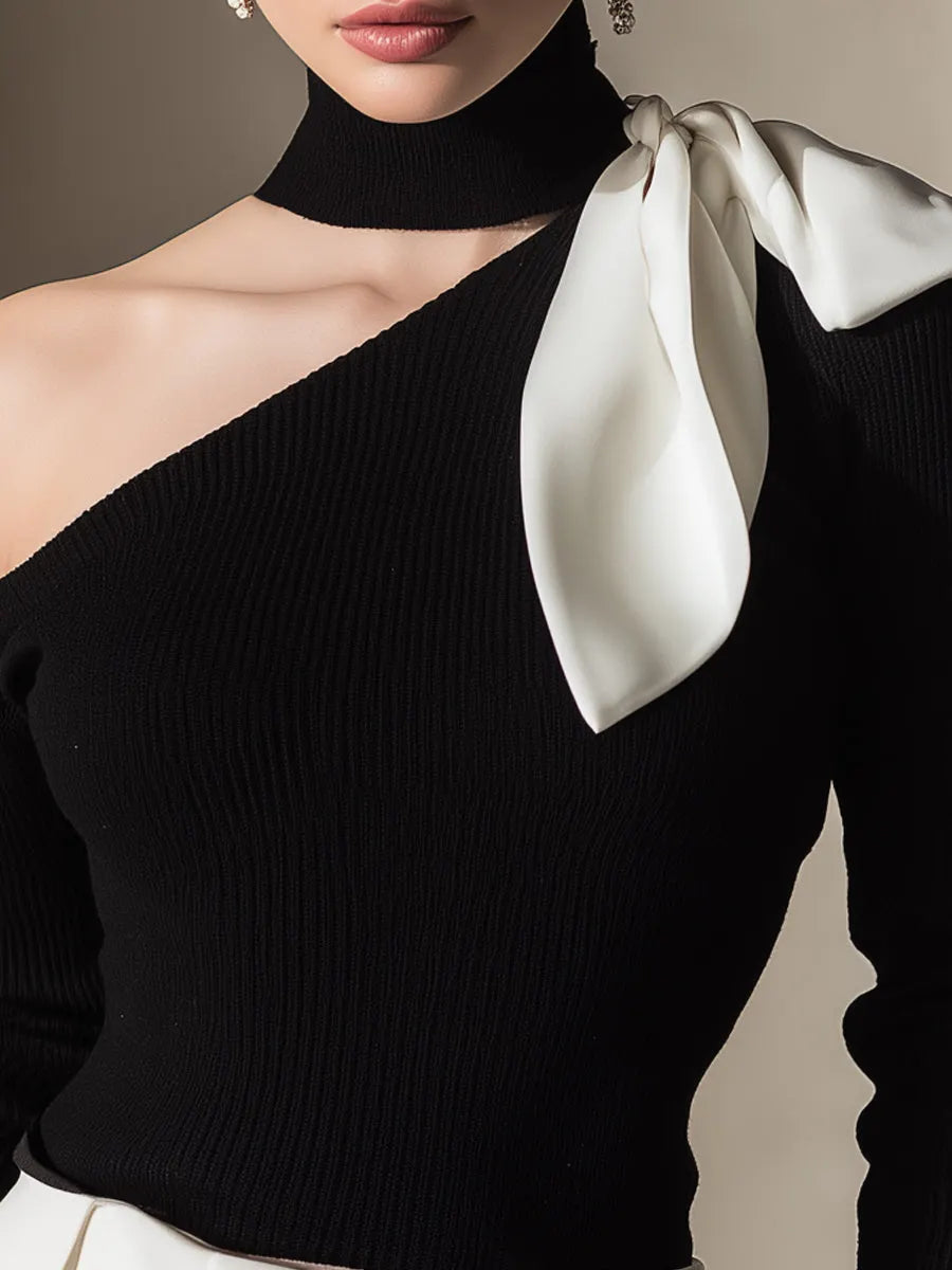 One-Shoulder Knit Top With Contrast Bow Detail