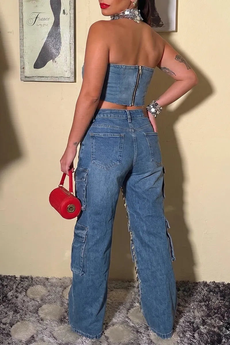 Women's Fashion Sequin Panel Bustier or Sequin Cargo Jeans