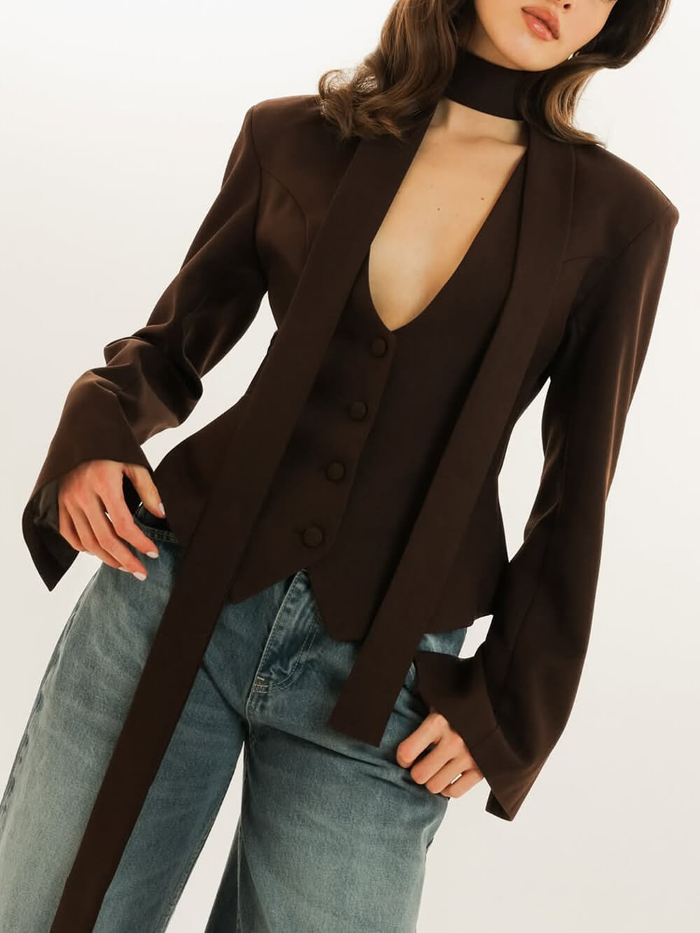 Fashion Solid Color V-Neck Scarf-Trimmed Long Sleeve Blazer