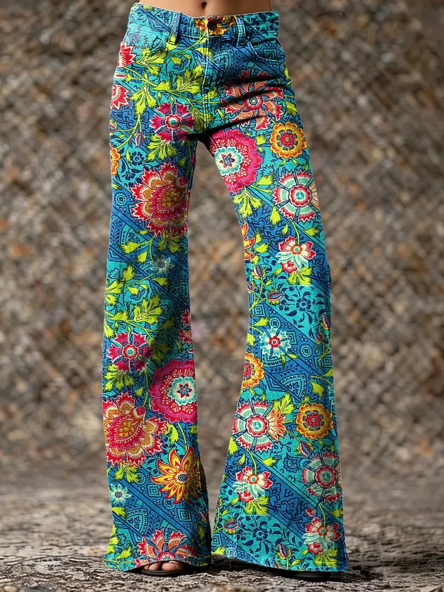 Women's Floral Art Print Casual Washed Pants