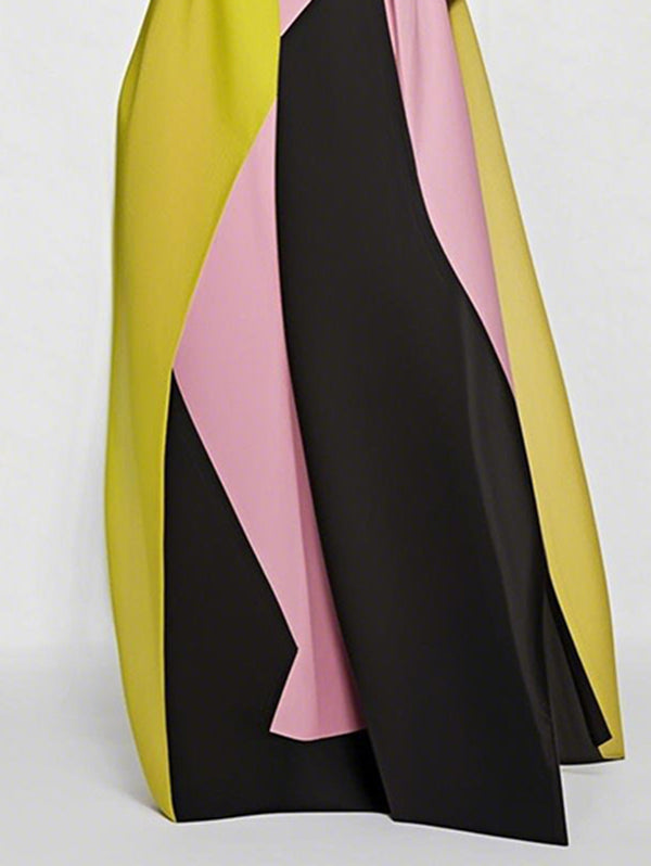 A-Line Loose Color-Block Pleated Split-Joint Round-Neck Maxi Dresses