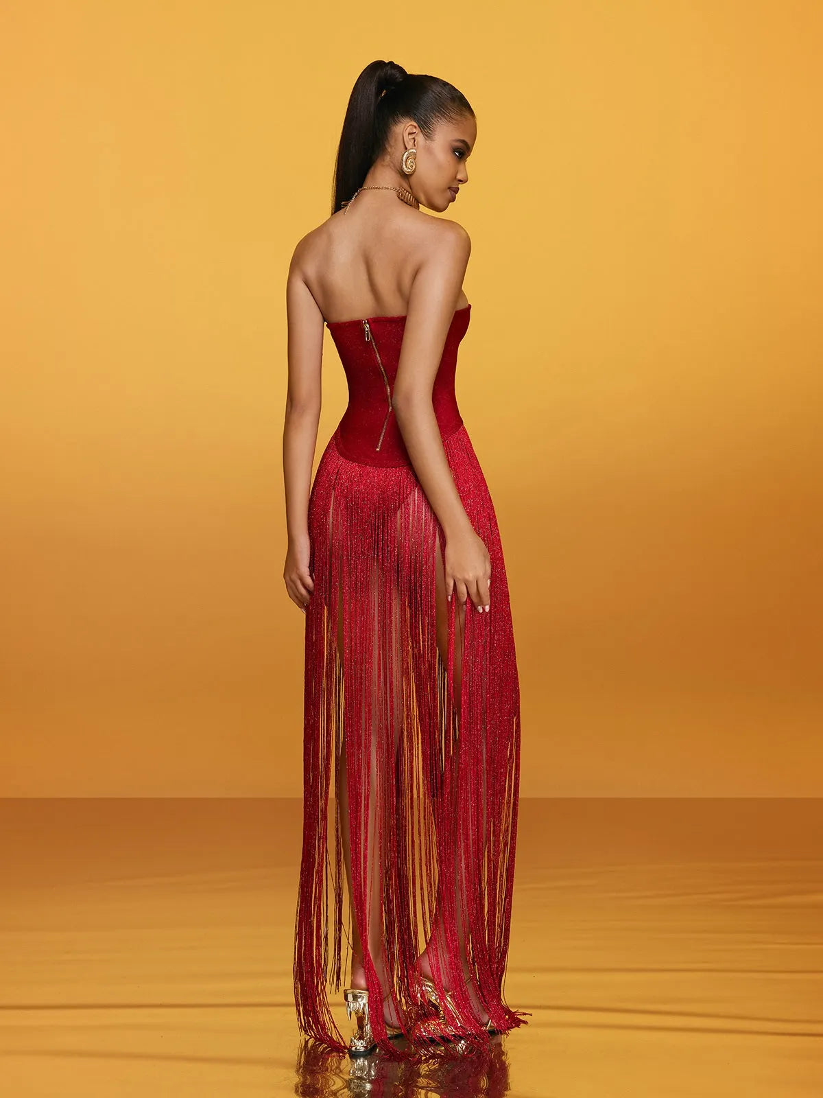Rendor Strapless Fringe Bandage Maxi Dress