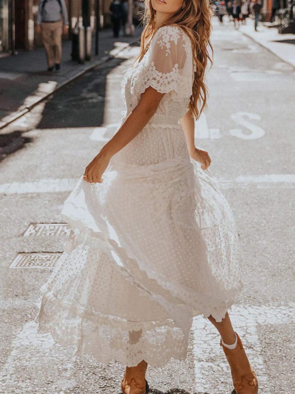 V-Neck Short-Sleeve Lace Maxi Dress
