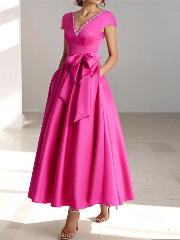 V-neck Solid Color Midi Dress