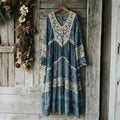 Vintage Japanese Traditional Sashiko With Lace Art Pattern Linen Blend Maxi Dress