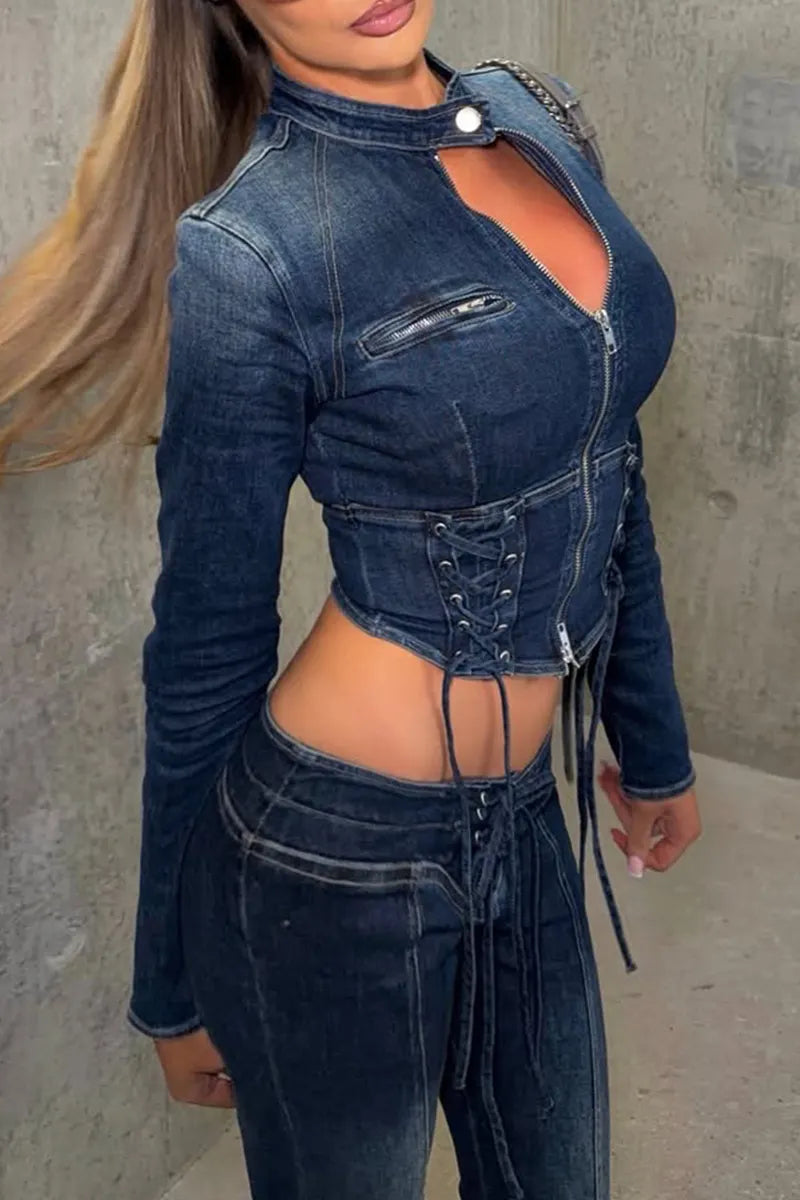 Women Round Neck Washed Water Zipper Tied Jacket or Washed Water Spliced Jeans