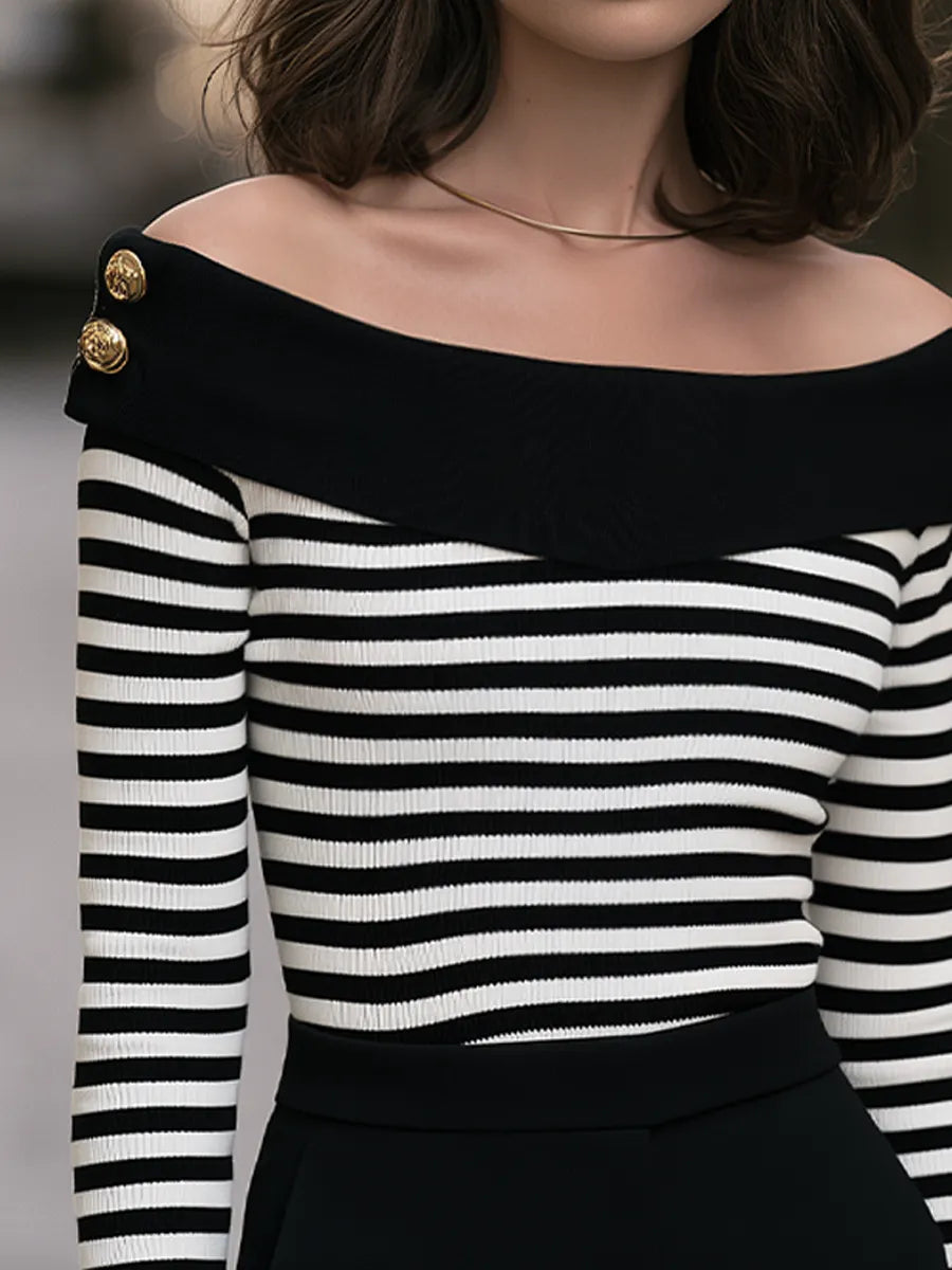 Off-Shoulder Striped Button-Shoulder Ribbed Knit Sweater