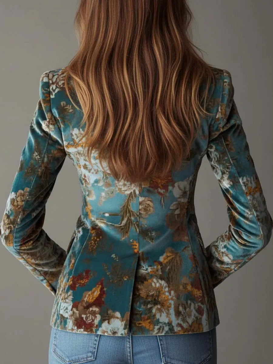Vintage Teal Floral Velvet Tailored Blazer