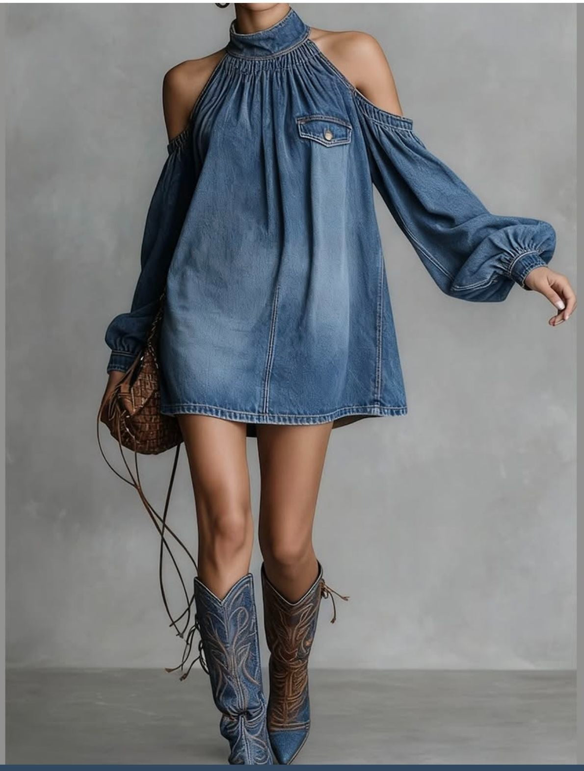 Women’s Denim Halter Neck Cold Shoulder Loose Mini Dress