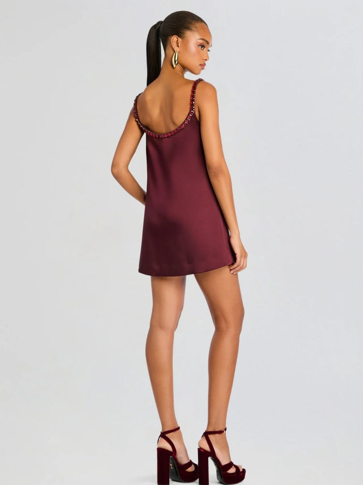 Satin Jewel-Chain A-Line Mini Dress