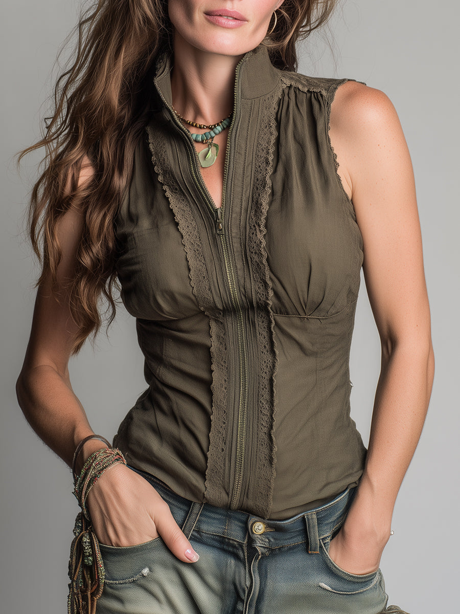 Bohemian Linen-blend Sleeveless Shirt With Lace Trim