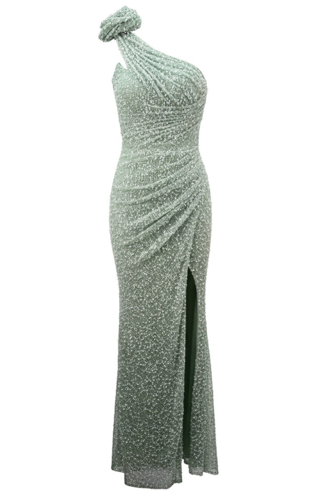 Floral One Shoulder Pearl Maxi Dress Green