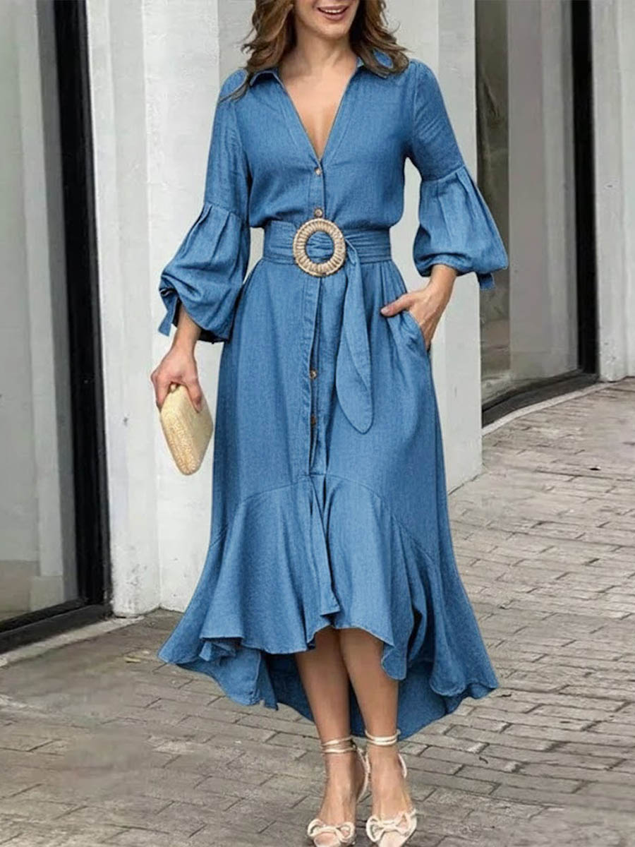 Women's V-neck Long-sleeved Casual Loose Denim Dress