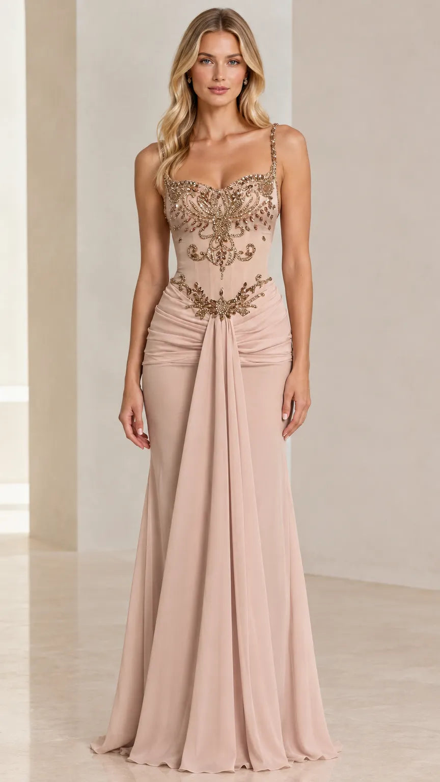 Embellished Corset Sweetheart Evening Gown with Draped Ruched Skirt