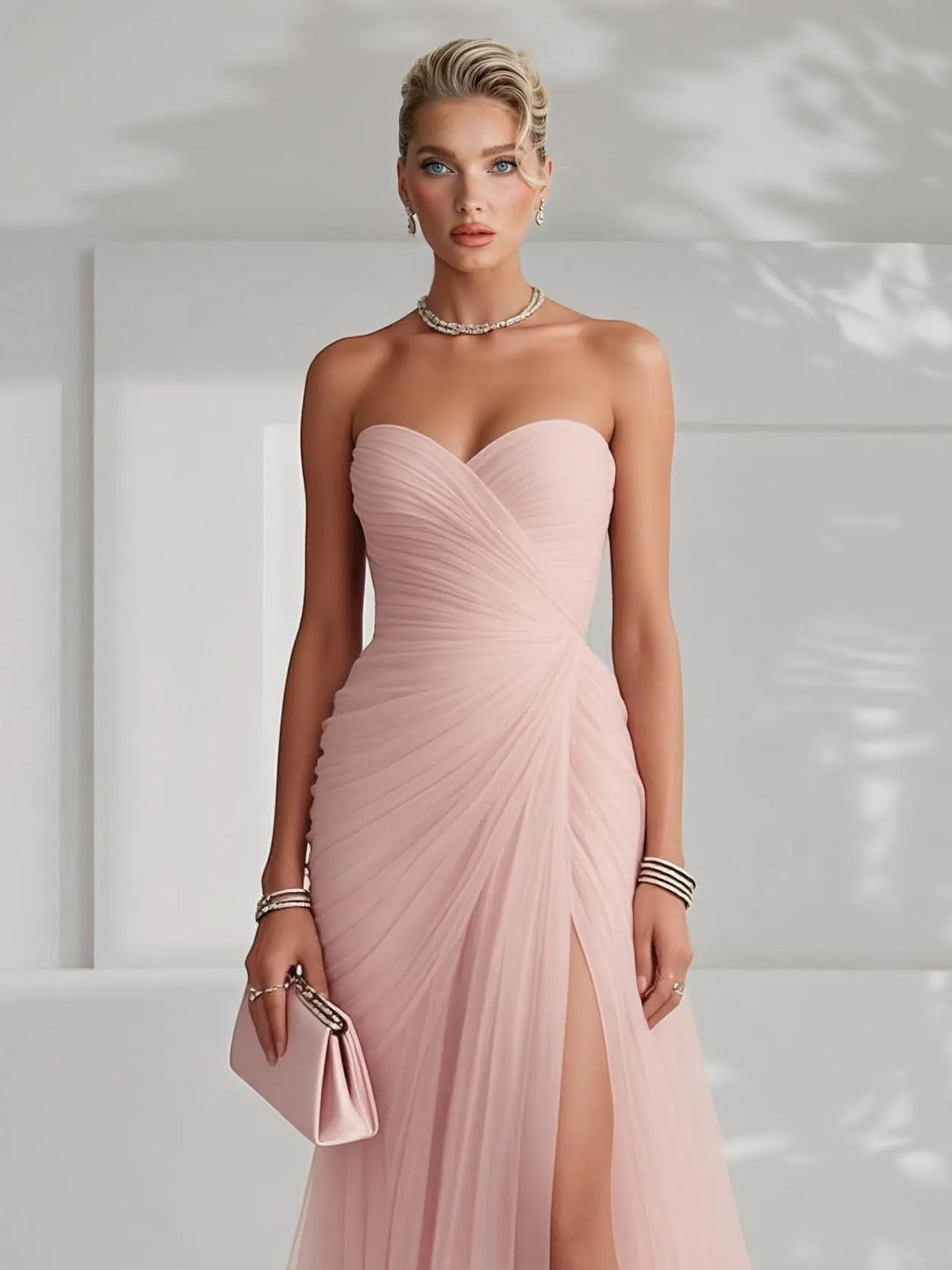 Elegant Pink Strapless Pleated Tulle Maxi Dress