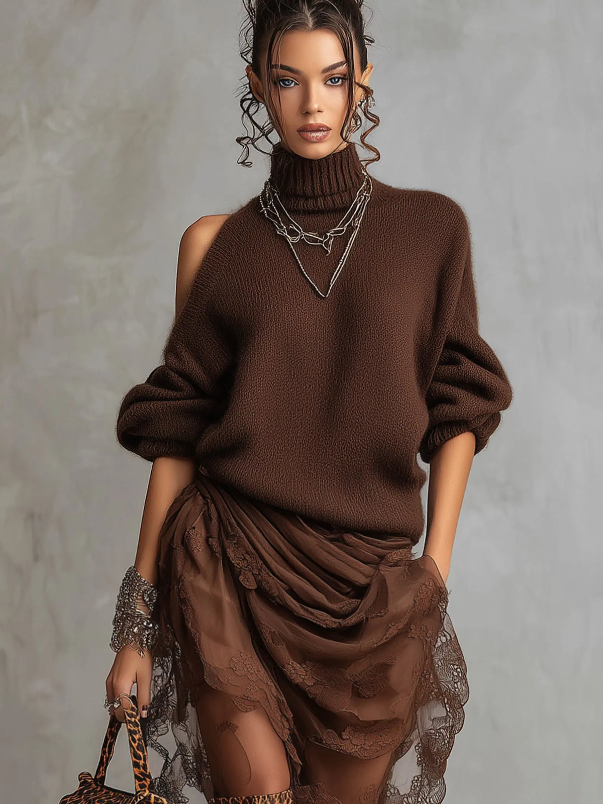 Chocolate Knit Off Shoulder Tulle Long Sleeve Midi Dress