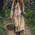 Vintage Floral Art Embroidered Linen Blend Casual Maxi Dress