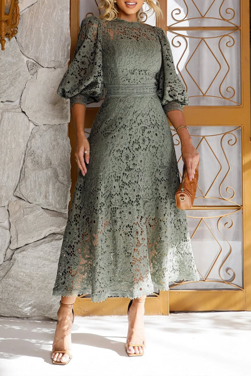 Women's Round Neck Lantern Sleeve Lace Hollow Dress