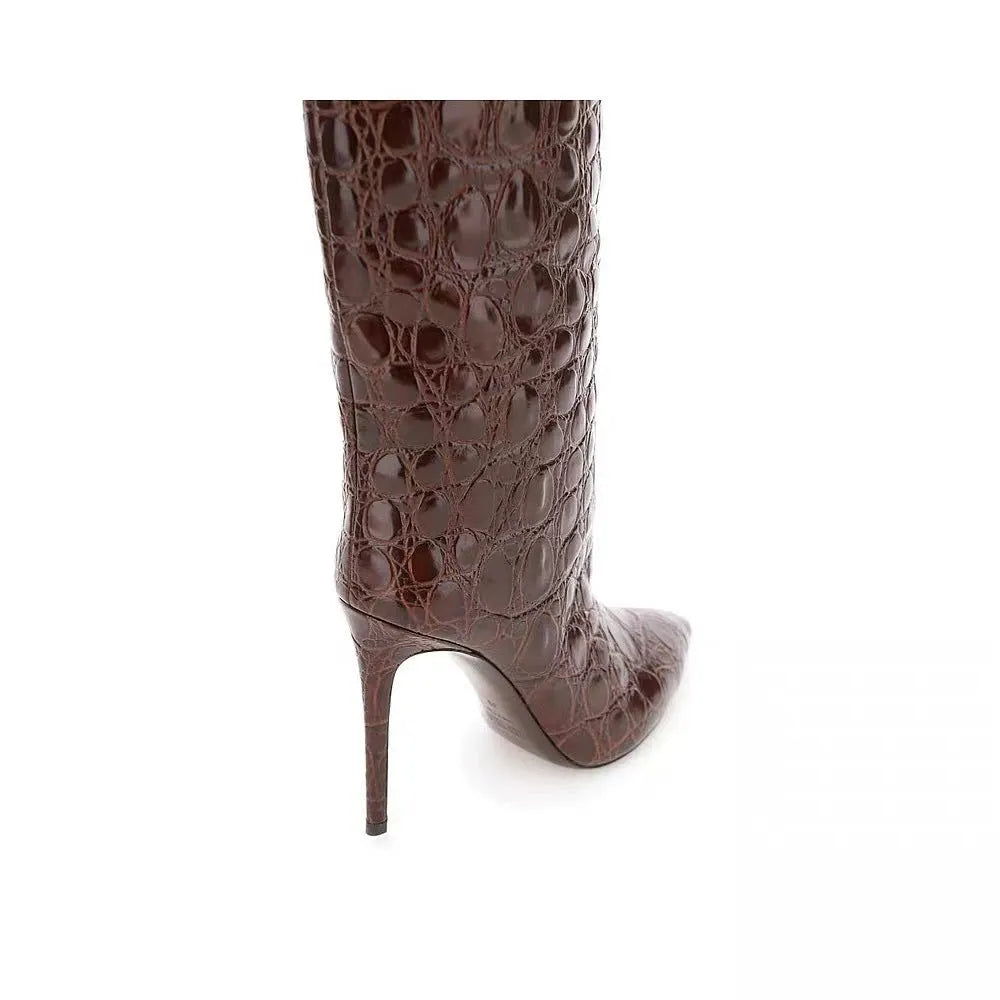 Snake-print high-heeled pointed-toe straight-leg boots