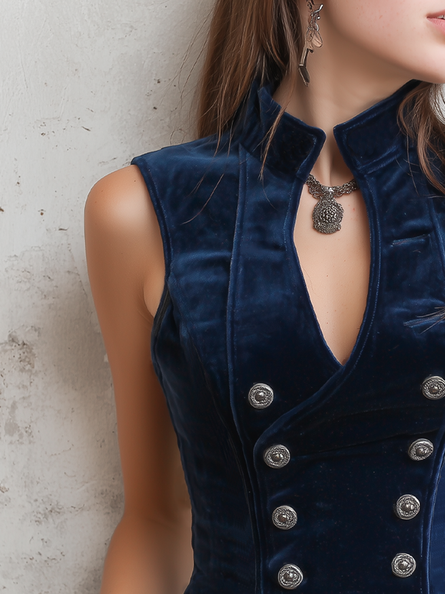 Vintage Stand Collar Button Velvet Vest