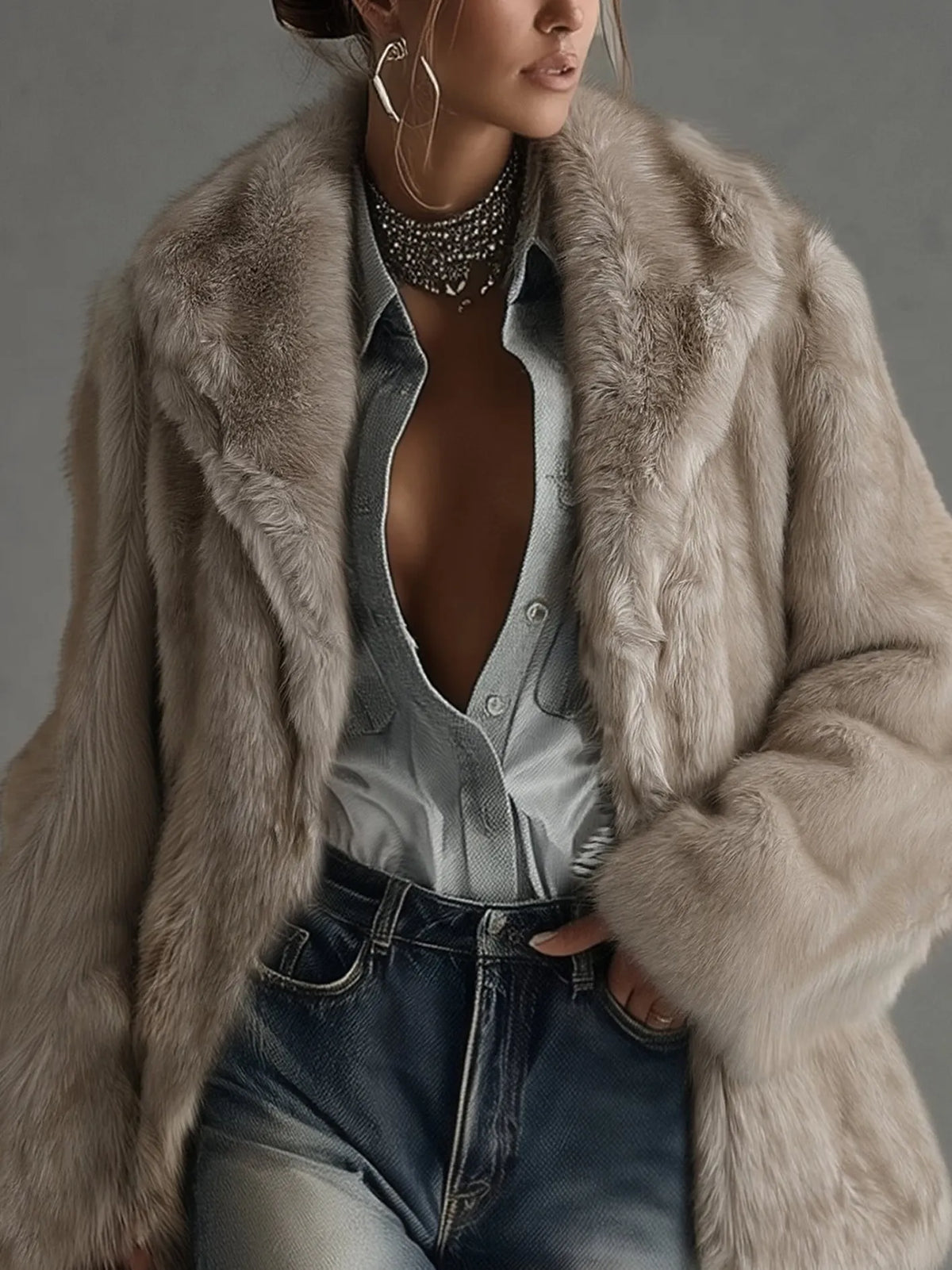 Soft Taupe Faux Fur Oversized Long Sleeve Coat