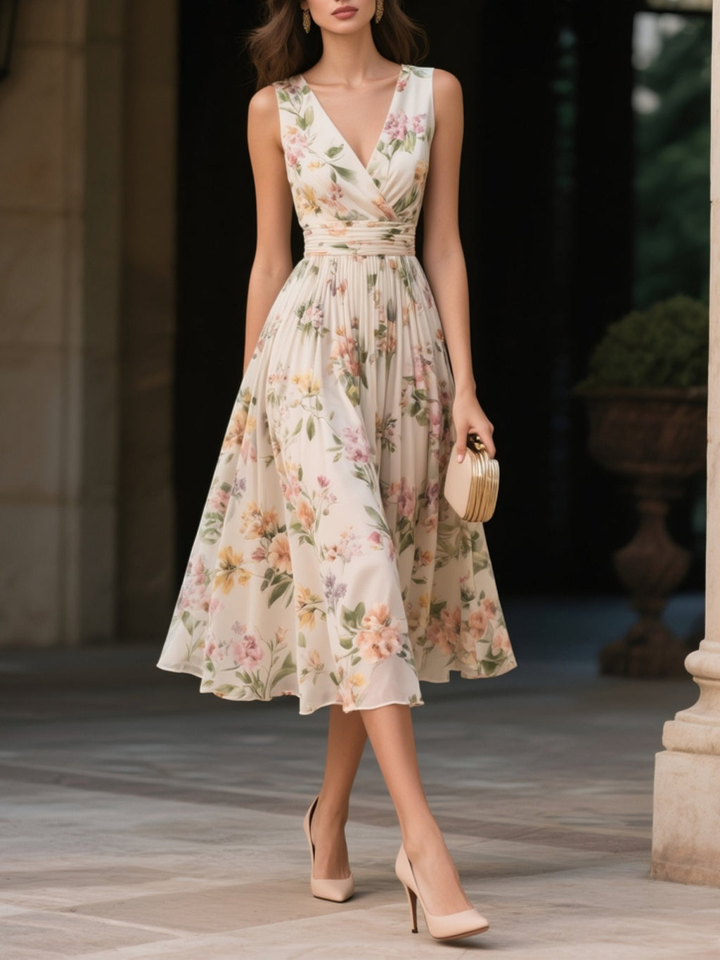 Beige Ruched Floral Chiffon V Neck Sleeveless A-Line Midi Dress