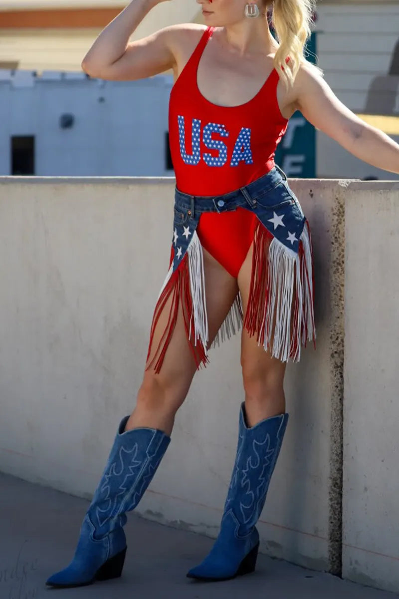 Women's USA Flag Denim Shorts with Red White Blue Fringe Detail