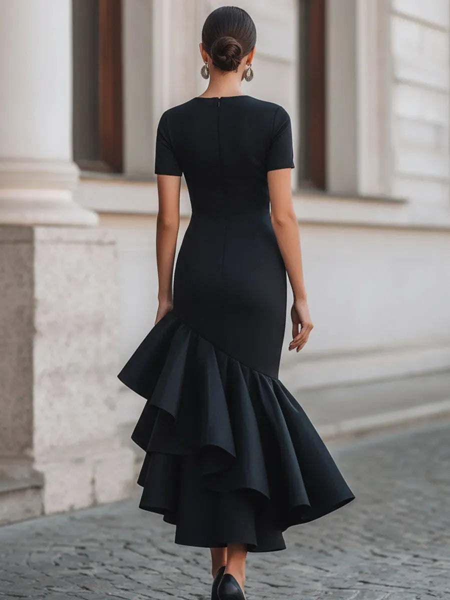 Asymmetrical Ruffle Hem Tailored Midi Dress