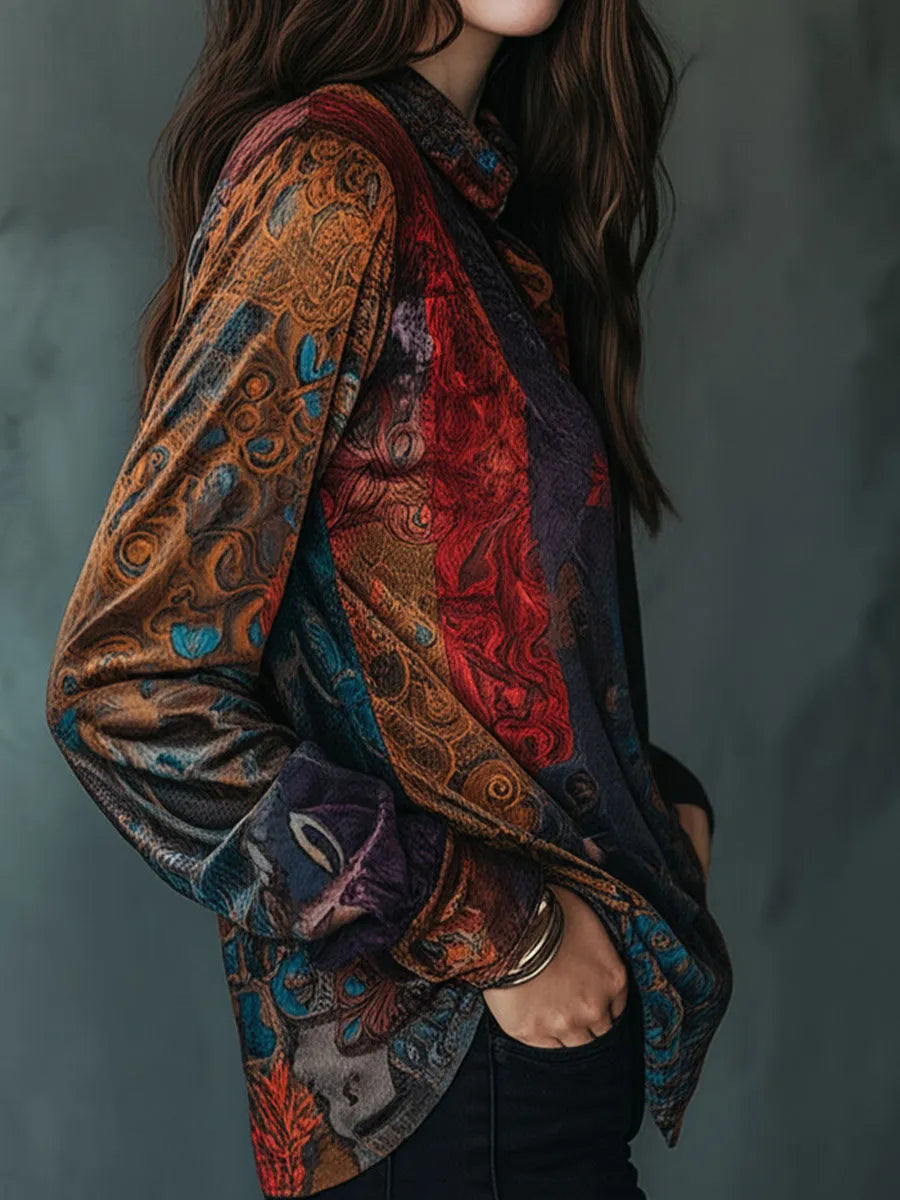 Boho Floral Print Velvet Long Sleeve Button Down Shirt