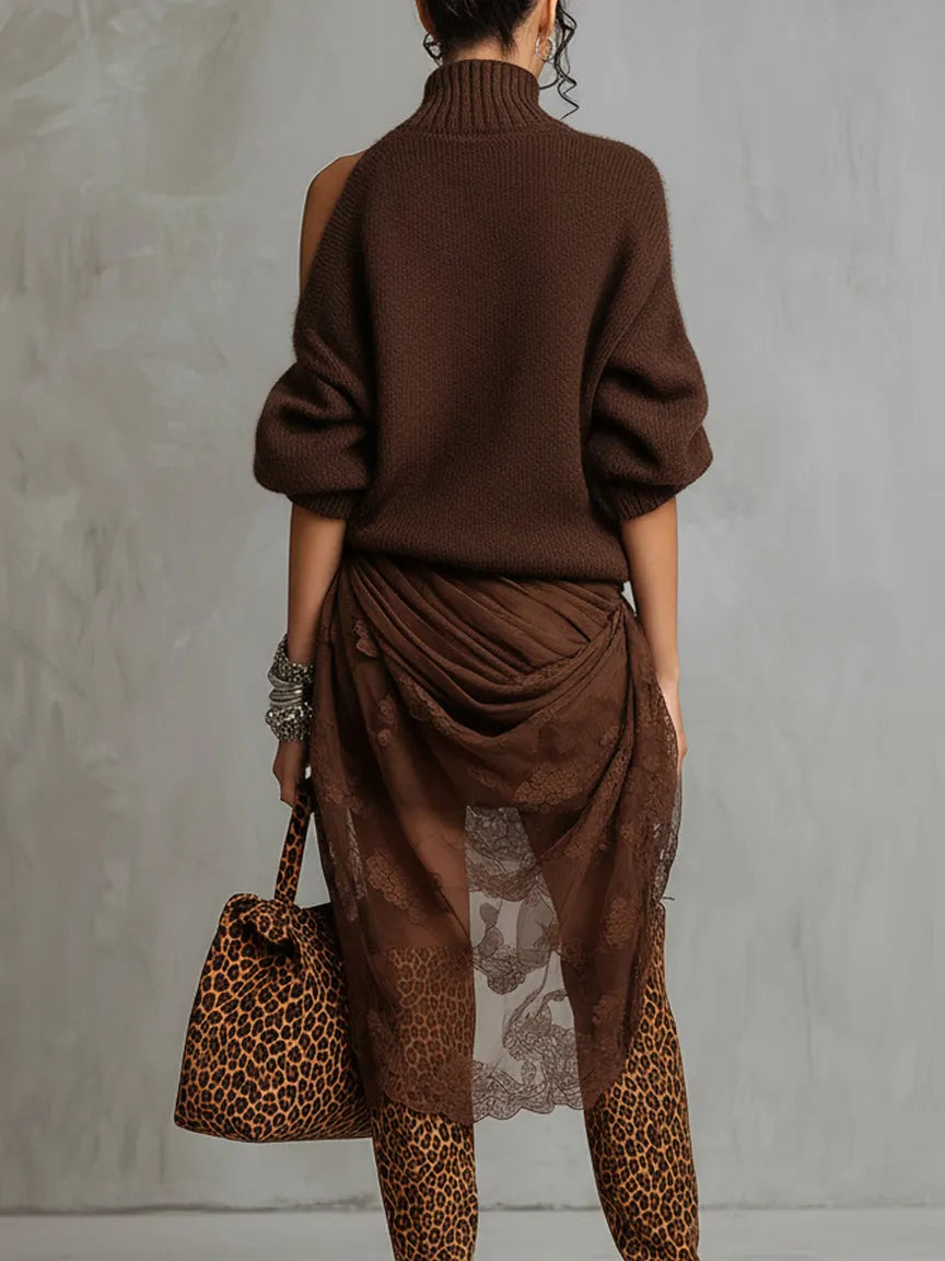 Chocolate Knit Off Shoulder Tulle Long Sleeve Midi Dress