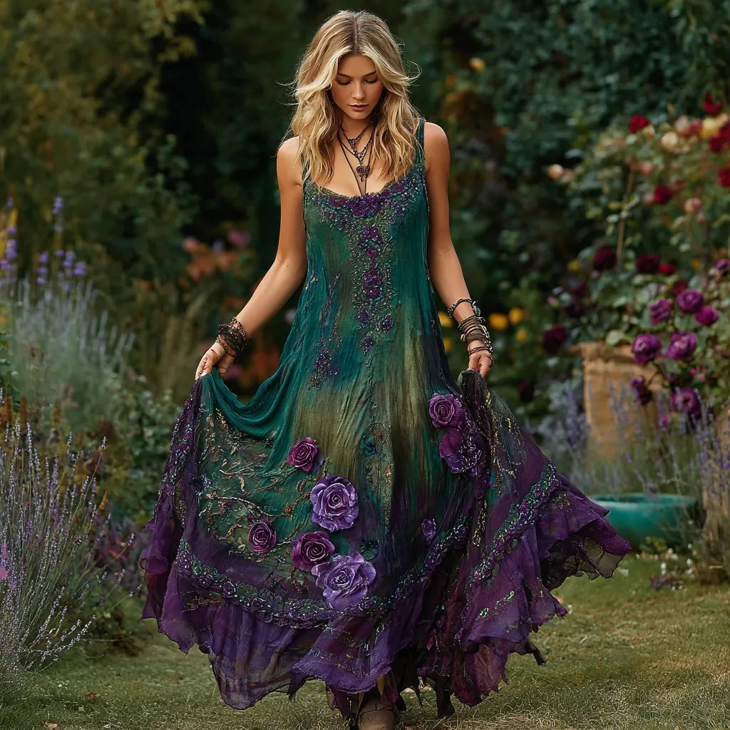 Women's Vintage Floral Embroidered Linen Maxi Dress