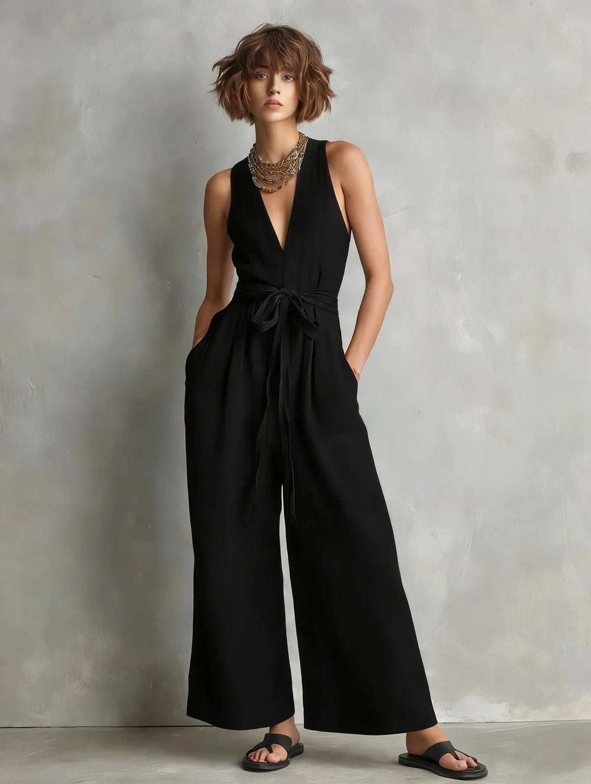 Momocco Elegant Waist-Knot Jumpsuit - Sleeveless Wide-Leg One-Piece Quiet Luxury Set