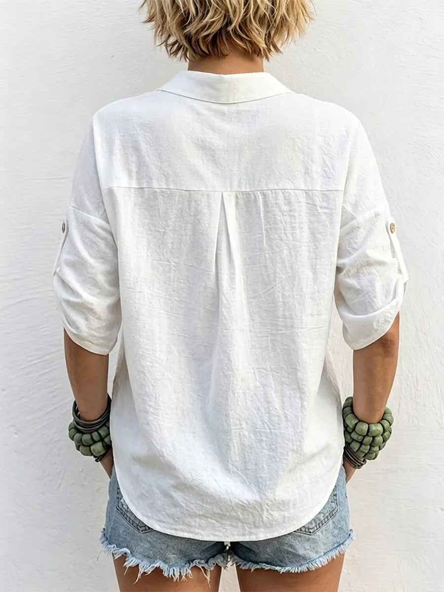 Utton-front Double Pocket Cotton-linen Drop-shoulder Blouse