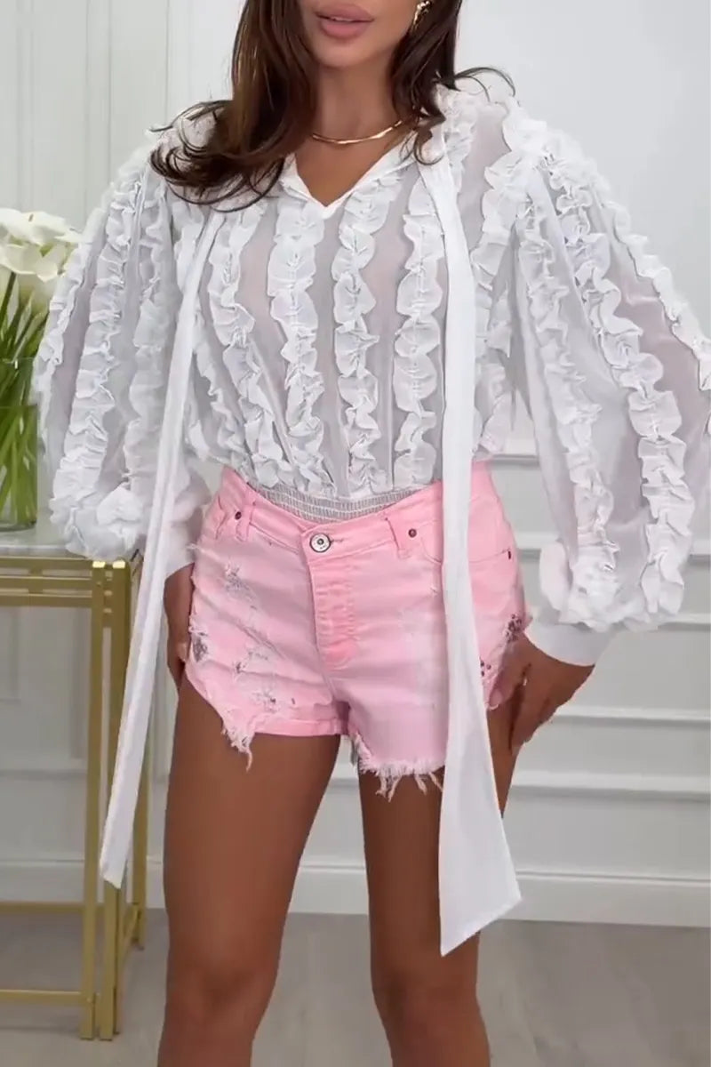 Women V-neck Spliced Black Fungus Edge Top or Denim Shorts