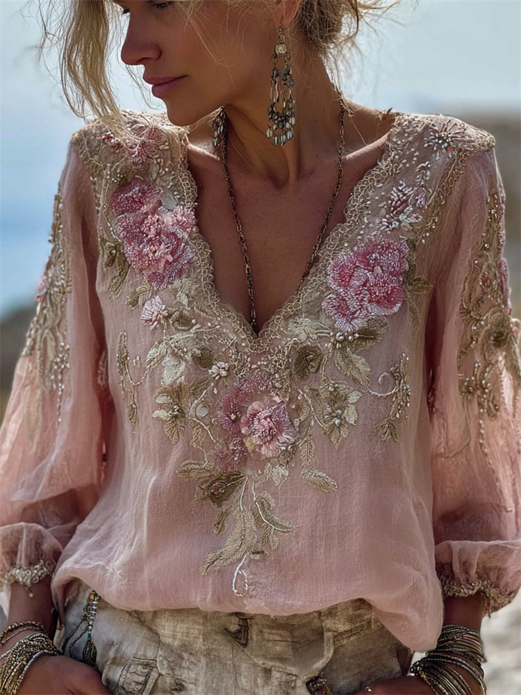 Boho Pink Floral Glitter Lace Flowy Linen Tunic