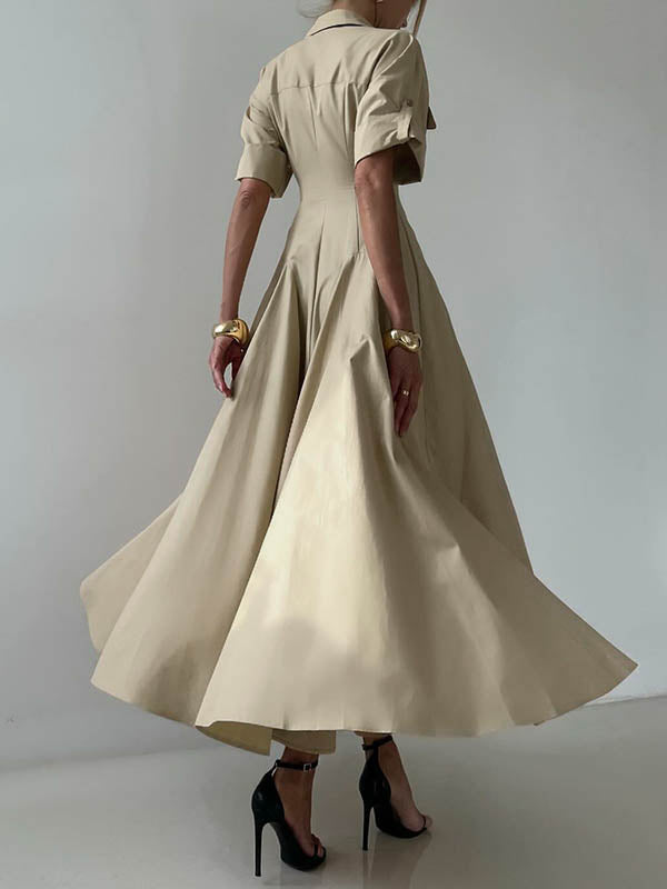 Short Sleeves Buttoned Solid Color Lapel Maxi Dresses Shirt Dress