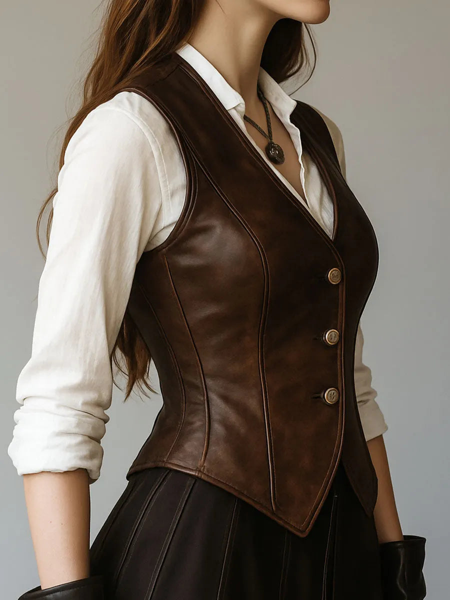 Retro Waist-cinched Button Down Leather Waistcoat