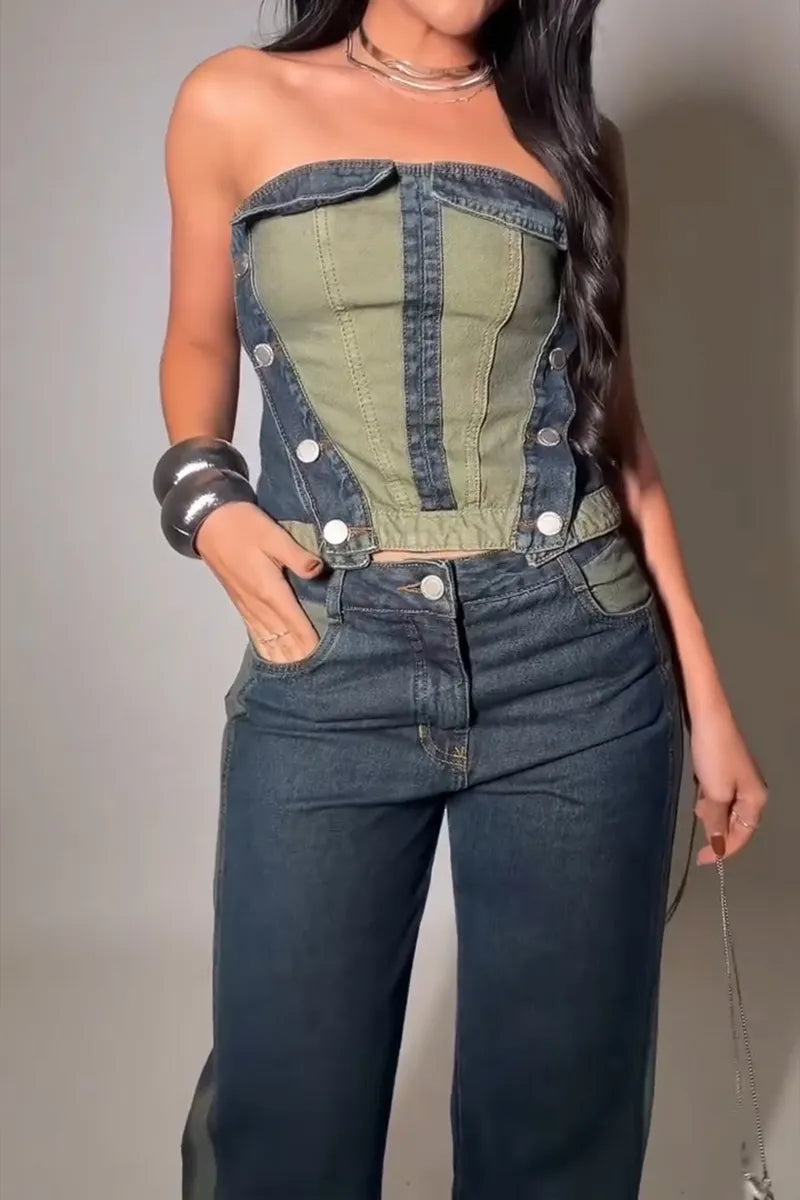 Women's Casual Color Block Denim Bustier or Wide Leg Jeans
