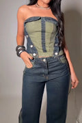 Women's Casual Color Block Denim Bustier or Wide Leg Jeans