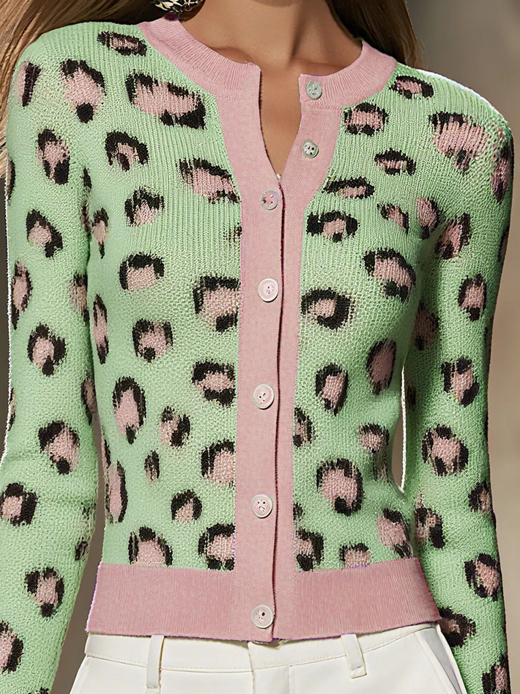 Green Leopard Print Button Up Cardigan With Pink Trim