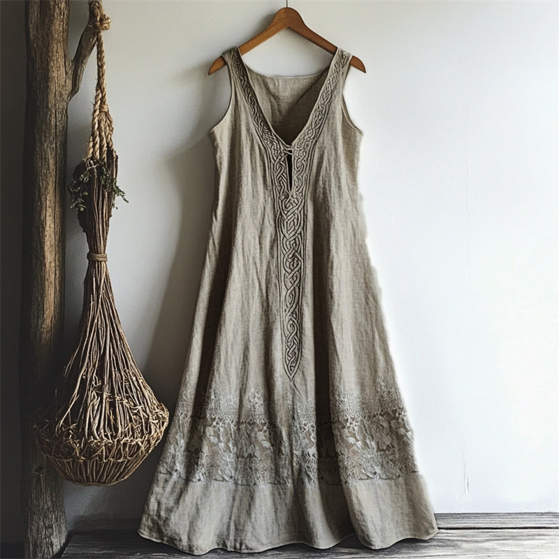 Vintage Celtic Knot Lace Patchwork Linen Tank Dress