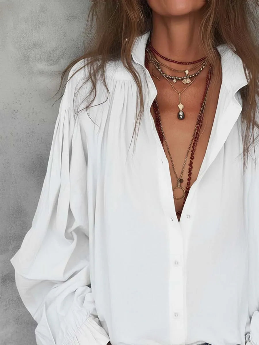 Retro Pleated Shoulder Ruffle Cuffs Blouse