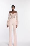 Fully beaded feathered top with crepe pants