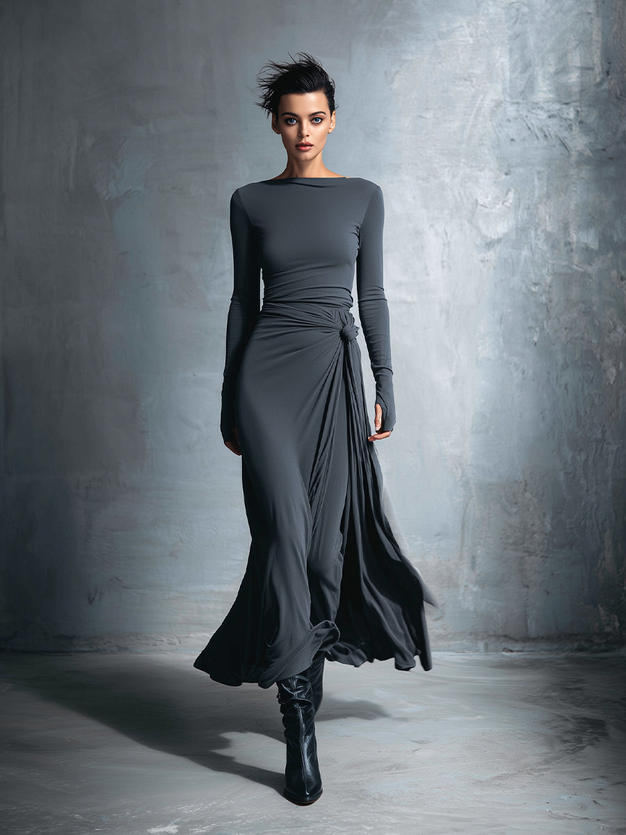 Women's Gray Exquisite Stretch Polyester-Cotton Blend Wrap Dress - Knotted Maxi Dress