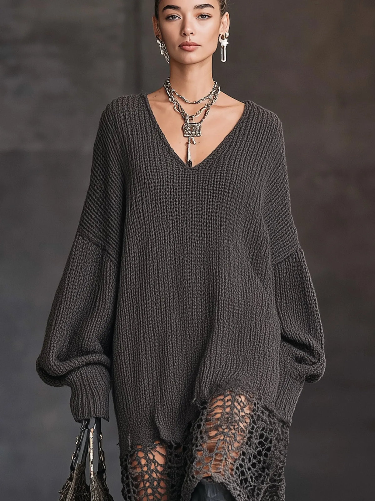 Charcoal Gray V-Neck Knit Mesh Long Sleeve Midi Dress
