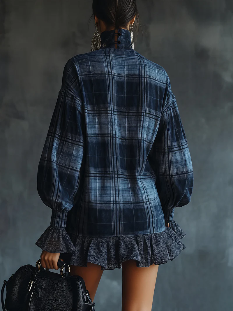 Blue Plaid Turtleneck Mesh Ruffle Mini Dress